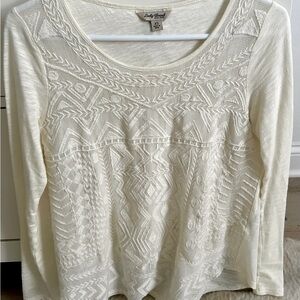 Lucky Brand embroidered cream white long sleeve tee shirt XS